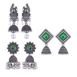 MEENAZ Set Of 3 Silver Plated Peacock Shaped Oxidised Jhumkas-picture-29
