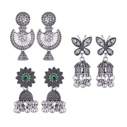 MEENAZ Set Of 3 Silver-Plated Stainless Steel Studded & Beaded Peacock Shaped Jhumkas-picture-36