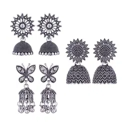 MEENAZ Set Of 3 Dome-Shaped Silver-Plated Jhumkas-picture-41