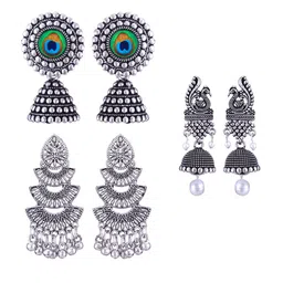 MEENAZ Set Of 3 Silver-Plated Stainless Steel Studded & Beaded Peacock Shaped Jhumkas-picture-41