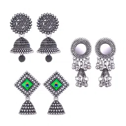 MEENAZ Set Of 3 Silver-Plated Dome Shaped Oxidised Jhumkas-picture-38