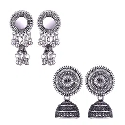 MEENAZ Set Of 2 Silver-Plated Stone-Studded Dome Shaped Jhumkas-picture-14