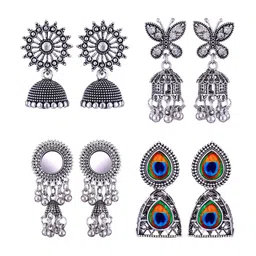 MEENAZ Set Of 4 Stainless Steel Silver-Plated Peacock Shaped Jhumkas Earrings image 1