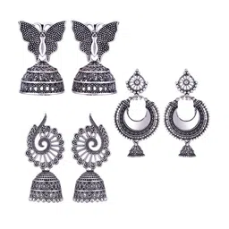 MEENAZ Set Of 3 Silver Plated Dome Shaped Jhumkas-picture-19