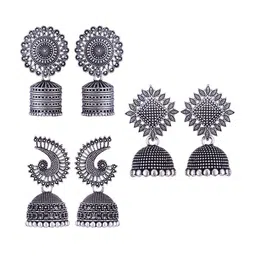 MEENAZ Set Of 3 Silver-Plated Stainless Steel Studded & Beaded Peacock Shaped Jhumkas-picture-28