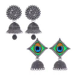 MEENAZ Set Of 2 Silver-Plated Oxidised Jhumkas image 1