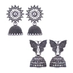 MEENAZ Set Of 2 Stainless Steel Silver Plated Oxidised Dome Shaped Jhumkas-picture-21
