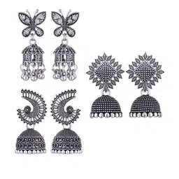 MEENAZ Set Of 3 Silver-Plated Stone-Studded & Beaded Peacock Shaped Oxidised Jhumkas-image-25