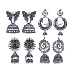 MEENAZ Set Of 4 Silver Plated Dome Shaped Stainless Steel Oxidised Jhumkas-picture-31