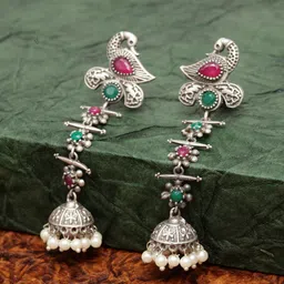 PANASH Silver-Plated Peacock Shaped Jhumkas Earrings image 1
