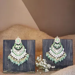 I Jewels Silver-Plated Green Contemporary Beaded Chandbali Earrings-image-87