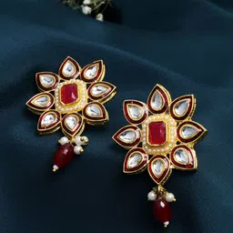 PANASH Gold-Plated Kundan Floral Shaped Meenakari Drop Earrings image 1