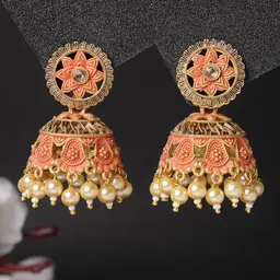 ADIVA Gold-Plated Stone-Studded & Pearls Dome-Shaped Jhumkas-picture-27