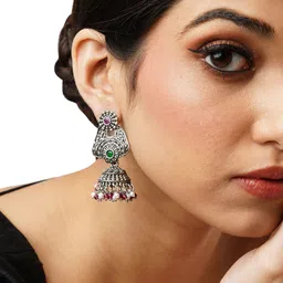 Anouk Silver-Toned Brass-Plated Stone-Studded & Beaded Floral Jhumkas-picture-32