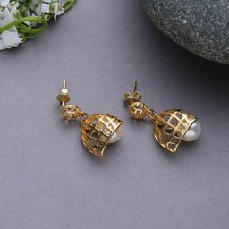 DressBerry Gold-Plated Artificial Stones Studded Drop Earrings-image-17