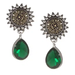 Bamboo Tree Jewels Silver-Plated & Green Floral Drop Earrings-image-44