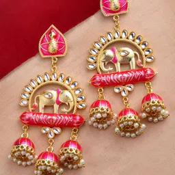 PANASH Pink & White Gold-Plated Animal Shaped Kundan Drop Earrings image 1