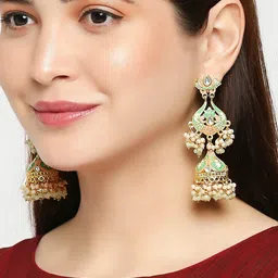 OOMPH Green & Pink Meenakari Enamel & Kundan Ethnic Long Jhumka Earrings-picture-24