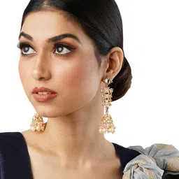 Anouk Brass-Plated Stone-Studded & Beaded Dome Shaped Jhumkas image 1