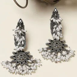 OOMPH Stone Studded & Beaded Oxidised Floral Drop Earrings-picture-30