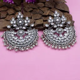 PRIVIU Silver-Plated Crescent Shaped Kundan Studded Drop Earrings-image-80