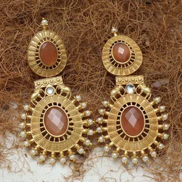 Ozanoo Gold-Plated Artificial Stones Studded And Beaded Contemporary Shaped Drop Earrings-picture-22