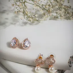 AccessHer Rose Gold Plated American Diamond Studded Teardrop Shaped Studs Earrings-picture-20