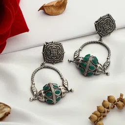VENI 92.5 Silver-Plated Stones Studded Oxidised Contemporary Drop Earrings-image-67
