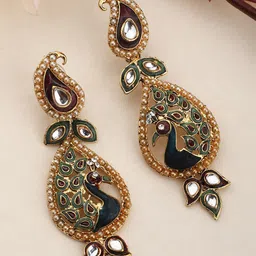 ANIKAS CREATION Women Gold Plated Maroon & Green Peacock Shaped Meenakari Drop Earrings-picture-14