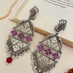 ABDESIGNS Silver-Plated Stone-Studded Contemporary Drop Earrings-picture-35