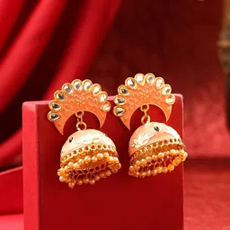 Yellow Chimes Peach-Coloured Pearl and Stone Studded Meenakari Jhumka Earrings-picture-13