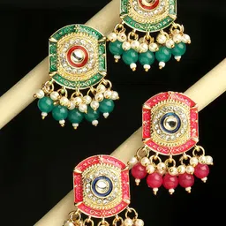 OOMPH Set Of 2 Kundan Studded & Beads Beaded Meenakari Drop Earrings-picture-25