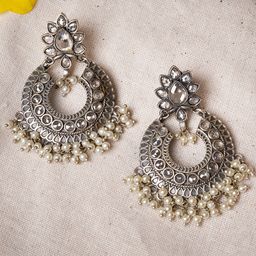 TEEJH Silver-Toned & Off White Crescent Shaped Drop Earrings-picture-3