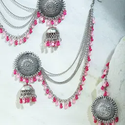 DIVASTRI Silver-Plated Artificial Beaded Dome Shaped OxidisedJhumkas With Maang Tika-picture-22