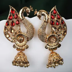 ANIKAS CREATION Red & Gold-Plated Contemporary Jhumkas Earrings-picture-31