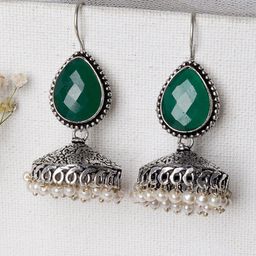 TEEJH Silver-Plated & Green Contemporary Jhumkas Earrings-picture-25