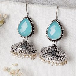 TEEJH Silver-Toned & Turquoise Blue Dome Shaped Jhumkas Earrings-picture-11