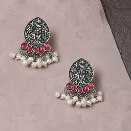 OOMPH Stone-Studded Beaded Contemporary Drop Earrings-picture-32