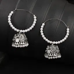 ANIKAS CREATION Silver-Plated & White Dome Shaped Hoop Earrings image 1