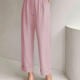 Kotty Women Pink Relaxed Straight Leg Straight Fit High-Rise Pleated Trousers-picture-23