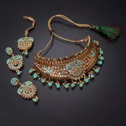 ANIKAS CREATION Gold-Plated Beige & Sea Green Kundan-Studded Enamelled Jewellery Set-image-4