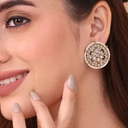 Fida White Intricate Circular Kundan Stud Earrings with Pearl Border-picture-12