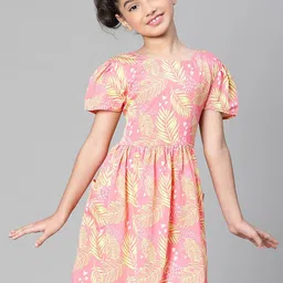 Oxolloxo Girls Tropical Printed Puff Sleeves Fit & Flare Dress-image-57