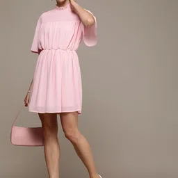 French Connection High-Neck Self-Design Smocked Detail Fit & Flare Dress-picture-35