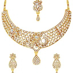 Sukkhi Gold-Plated AD Stone-Studded Necklace and Earrings With Maang Tika Jewellery Set-picture-11