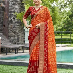 Mitera Orange & Red Ethnic Motifs Printed Pure Georgette Zari Saree-image-86