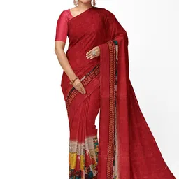 KALINI Peach-Coloured & Yellow Colourblocked Pure Georgette Fusion Dharmavaram Saree-image-20