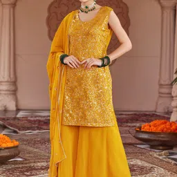 WOMEN PLUS Women Floral Embroidered Regular Sequinned Kurta with Sharara & With Dupatta-image-28