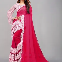 Flip The Style Pink & White Striped Embroidered Pure Georgette Half and Half Saree-picture-13