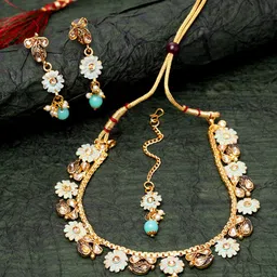 ANIKAS CREATION Gold-Plated Sea Green & Beige Kundan-Studded Handcrafted Enamelled Jewellery Set-image-37